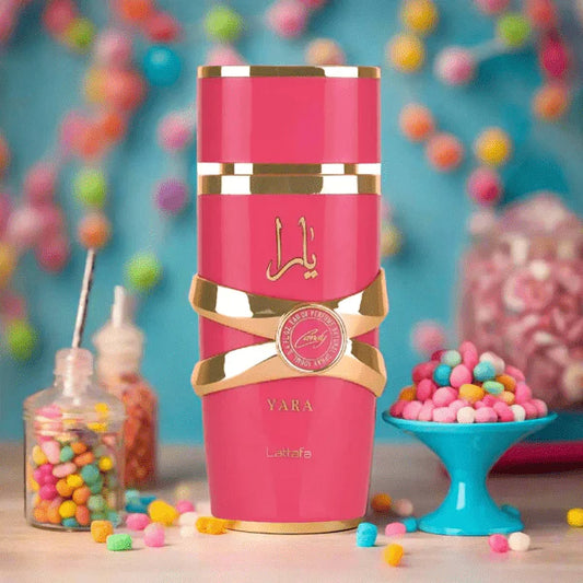 Lattafa Yara Candy Eau de Parfum 100 ml bottle – sweet fruity candy fragrance with creamy vanilla and soft musky base