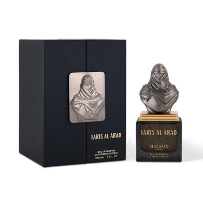 Maison Asrar Faris Al Arab Eau de Parfum 100 ml bottle – fresh spicy woody fragrance with citrus, sandalwood, amber, and musky base