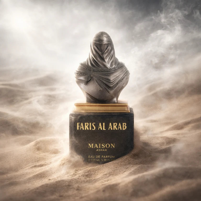 Maison Asrar Faris Al Arab Eau de Parfum 100 ml bottle – fresh spicy woody fragrance with citrus, sandalwood, amber, and musky base