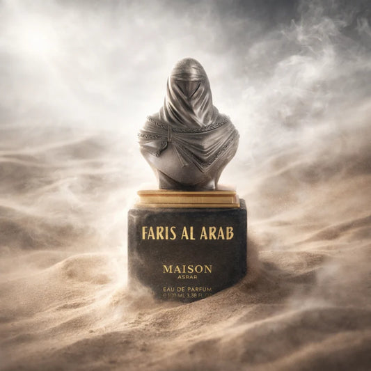 Maison Asrar Faris Al Arab Eau de Parfum 100 ml bottle – fresh spicy woody fragrance with citrus, sandalwood, amber, and musky base