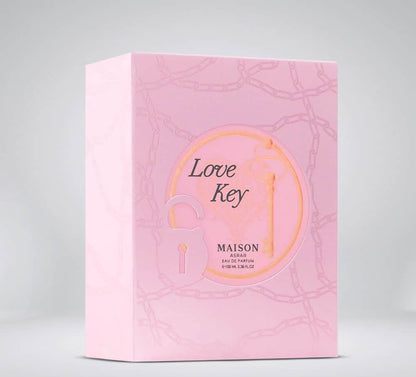 Maison Asrar Love Key Eau de Parfum 100 ml bottle – fruity floral gourmand fragrance with vanilla, amber, jasmine, and soft musky base