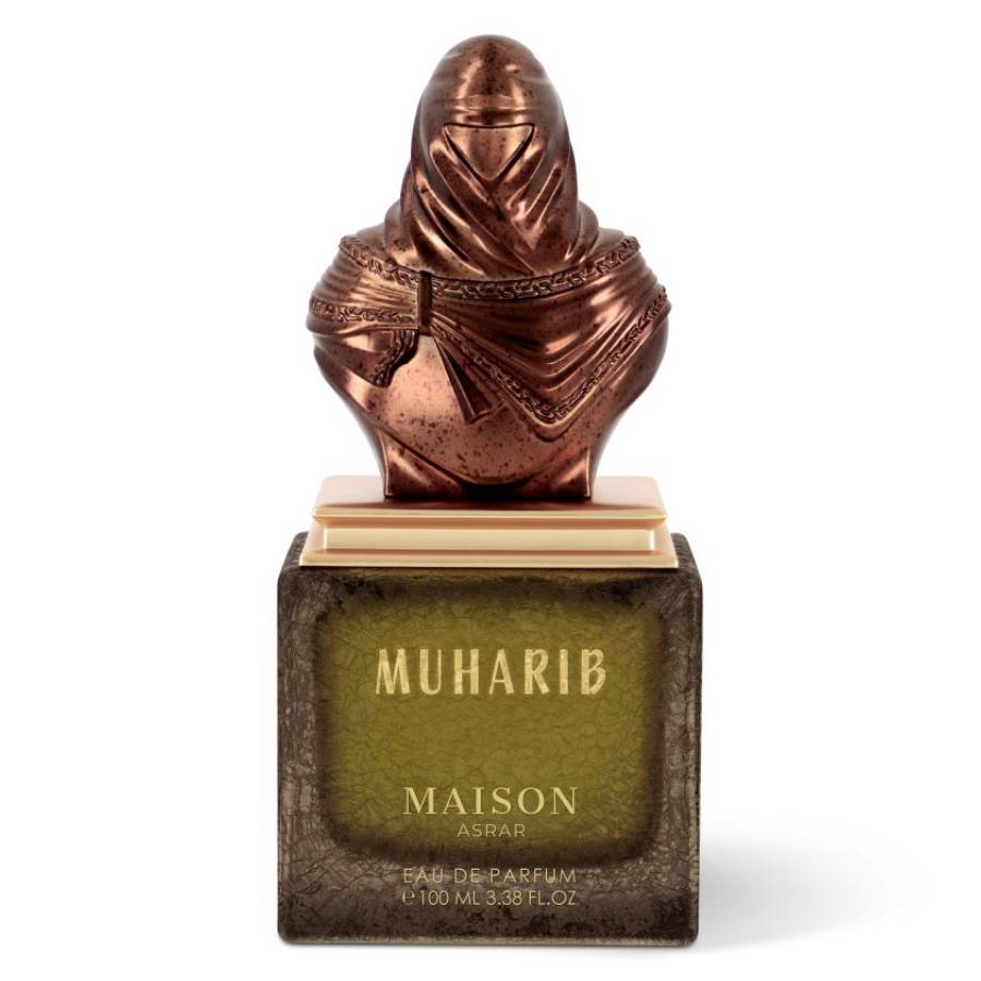 Maison Asrar Muharib Eau de Parfum 100 ml bottle – woody spicy leather fragrance with amber, patchouli, sandalwood, and musky base