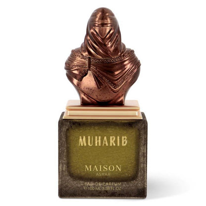 Maison Asrar Muharib Eau de Parfum 100 ml bottle – woody spicy leather fragrance with amber, patchouli, sandalwood, and musky base