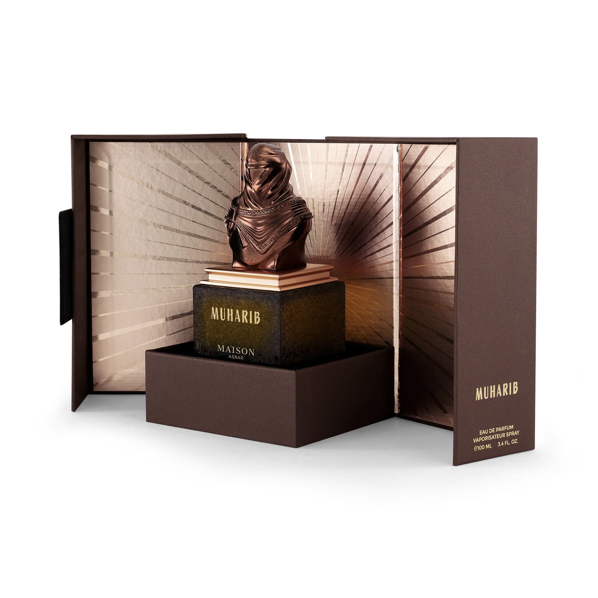 Maison Asrar Muharib Eau de Parfum 100 ml bottle – woody spicy leather fragrance with amber, patchouli, sandalwood, and musky base