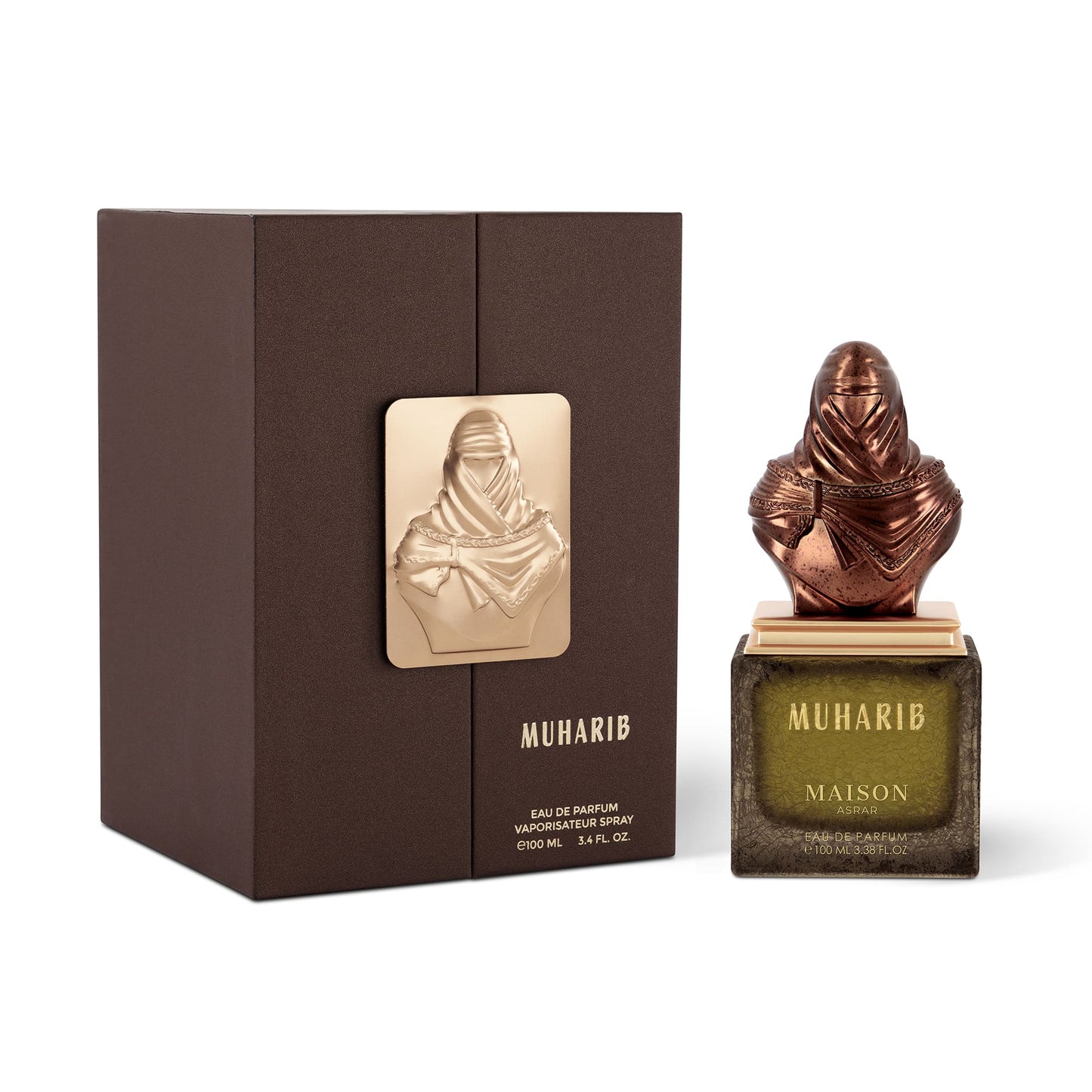 Maison Asrar Muharib Eau de Parfum 100 ml bottle – woody spicy leather fragrance with amber, patchouli, sandalwood, and musky base