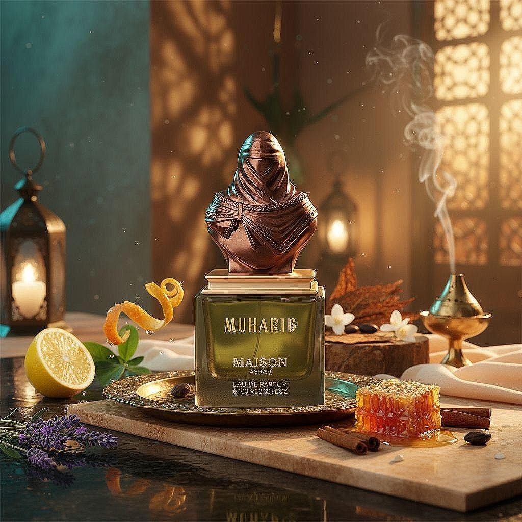 Maison Asrar Muharib Eau de Parfum 100 ml bottle – woody spicy leather fragrance with amber, patchouli, sandalwood, and musky base