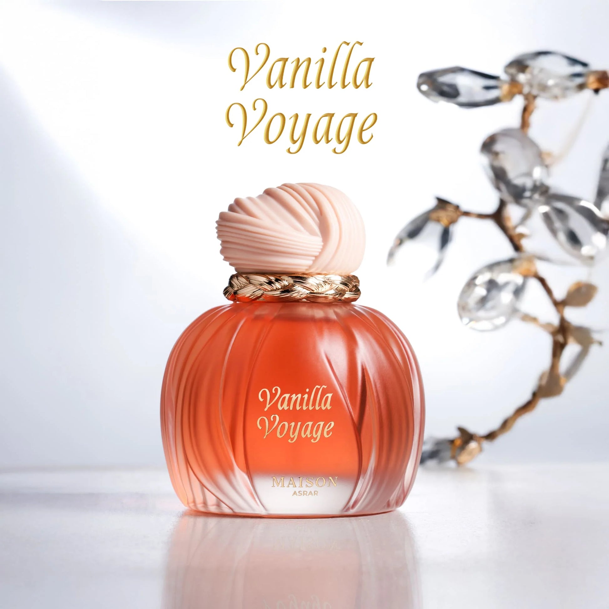 Maison Asrar Vanilla Voyage Eau de Parfum 100 ml bottle – tropical vanilla gourmand fragrance with coconut, amber, sandalwood, and creamy musky base