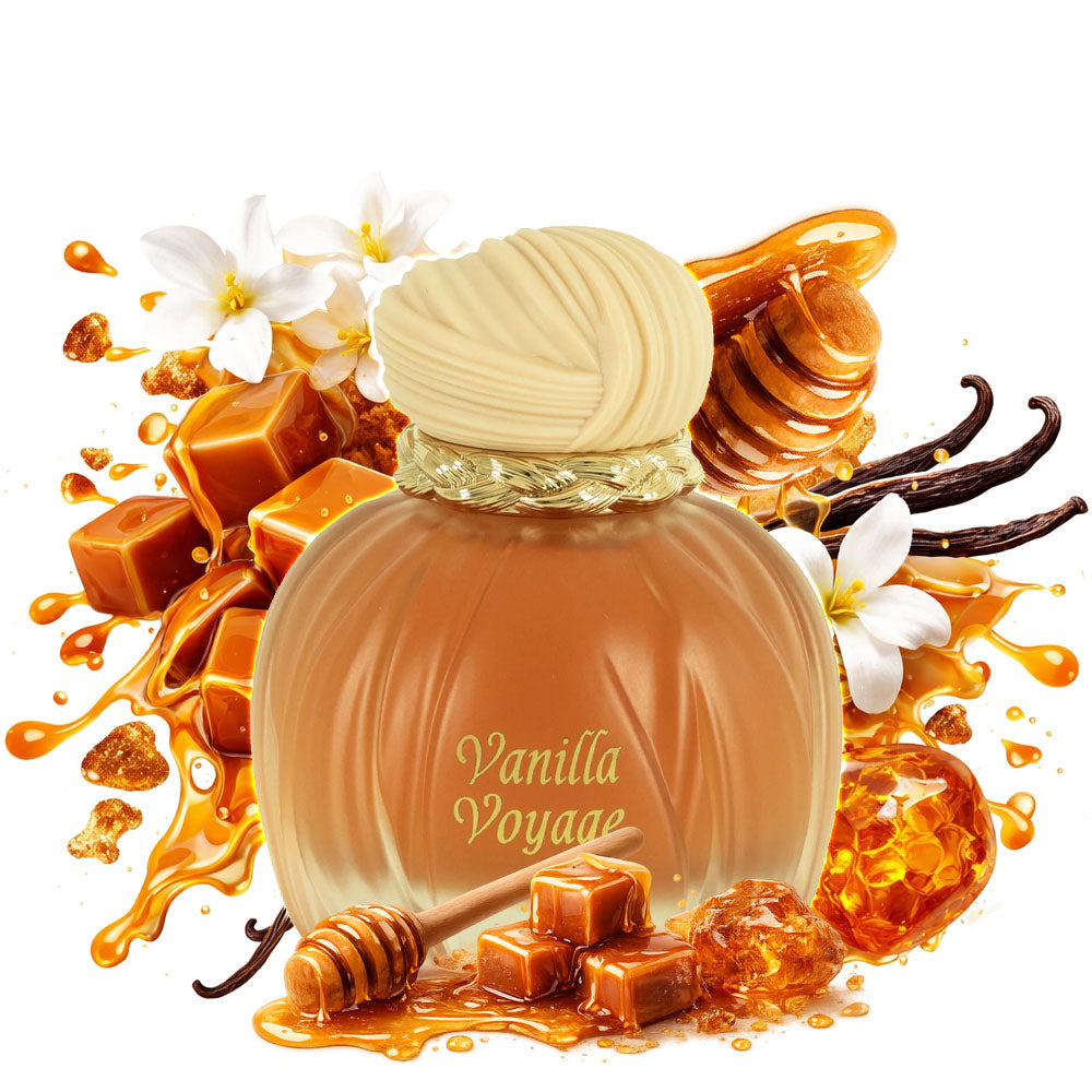 Maison Asrar Vanilla Voyage Eau de Parfum 100 ml bottle – tropical vanilla gourmand fragrance with coconut, amber, sandalwood, and creamy musky base