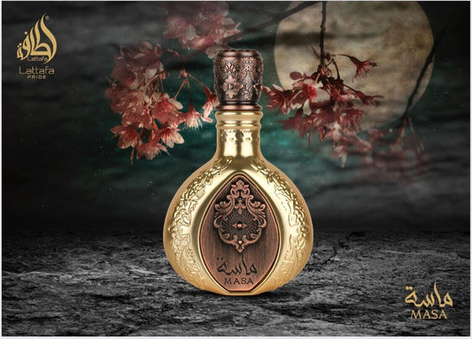 Lattafa Masa Eau de Parfum 100 ml bottle – fruity floral fragrance with warm amber and smooth woody musky base