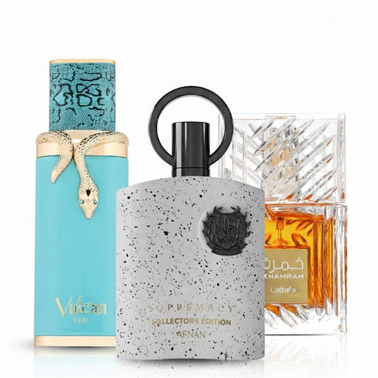 Men’s Starter Bundle – three full-size men’s perfumes featuring Supremacy Collector’s Edition, Vulcan Feu, and Khamrah for fresh, bold, and warm signature wear.