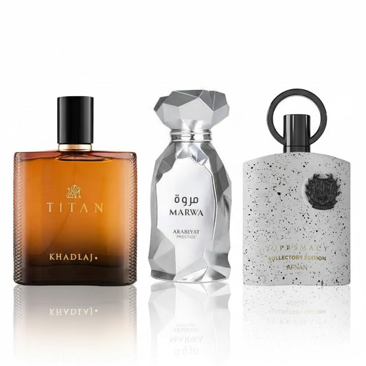 Men’s Signature Bundle – three full-size men’s perfumes featuring Titan, Marwa, and Supremacy Collector’s Edition for bold, confident signature wear.