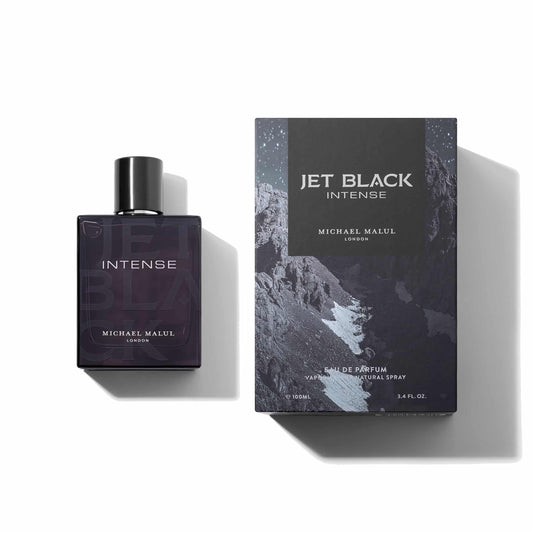 Michael Malul Jet Black Intense Eau de Parfum 100 ml bottle – spicy bergamot opening with aromatic lavender and deep amber woody base