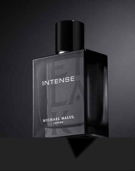 Michael Malul Jet Black Intense Eau de Parfum 100 ml bottle – spicy bergamot opening with aromatic lavender and deep amber woody base