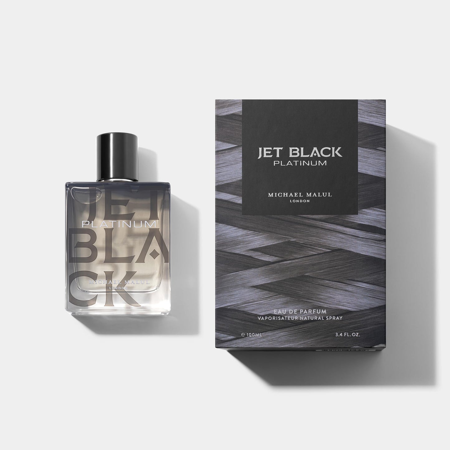Michael Malul Jet Black Platinum Eau de Parfum 100 ml bottle – fresh citrus fragrance with aromatic spices and smooth woody amber base