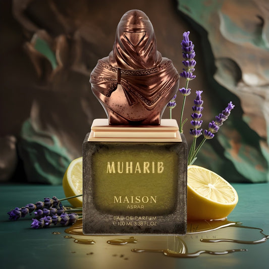 Maison Asrar Muharib Eau de Parfum 100 ml bottle – woody spicy leather fragrance with amber, patchouli, sandalwood, and musky base
