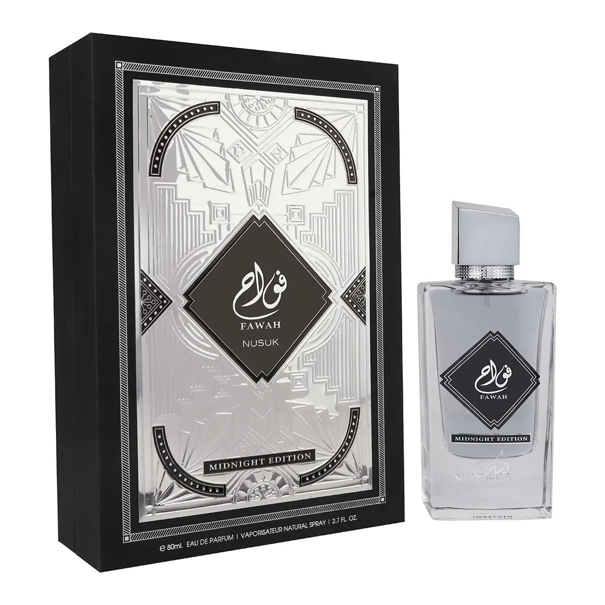 Nusuk Fawah Midnight Eau de Parfum 80 ml bottle – warm spicy fragrance with rich amber and deep woody musky base