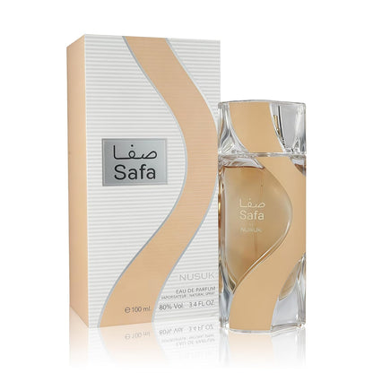 Nusuk Safa Eau de Parfum 100 ml bottle – warm spicy woody fragrance with amber, vanilla, oud, and musky base
