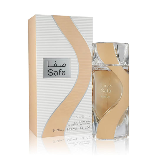 Nusuk Safa Eau de Parfum 100 ml bottle – warm spicy woody fragrance with amber, vanilla, oud, and musky base