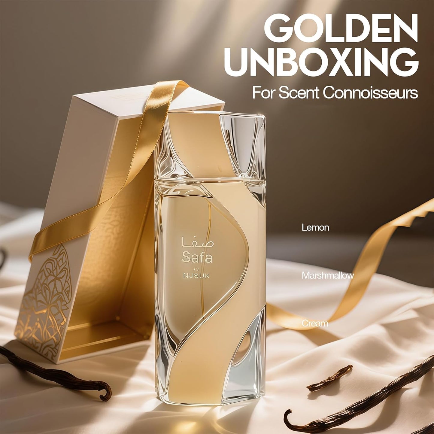 Nusuk Safa Eau de Parfum 100 ml bottle – warm spicy woody fragrance with amber, vanilla, oud, and musky base