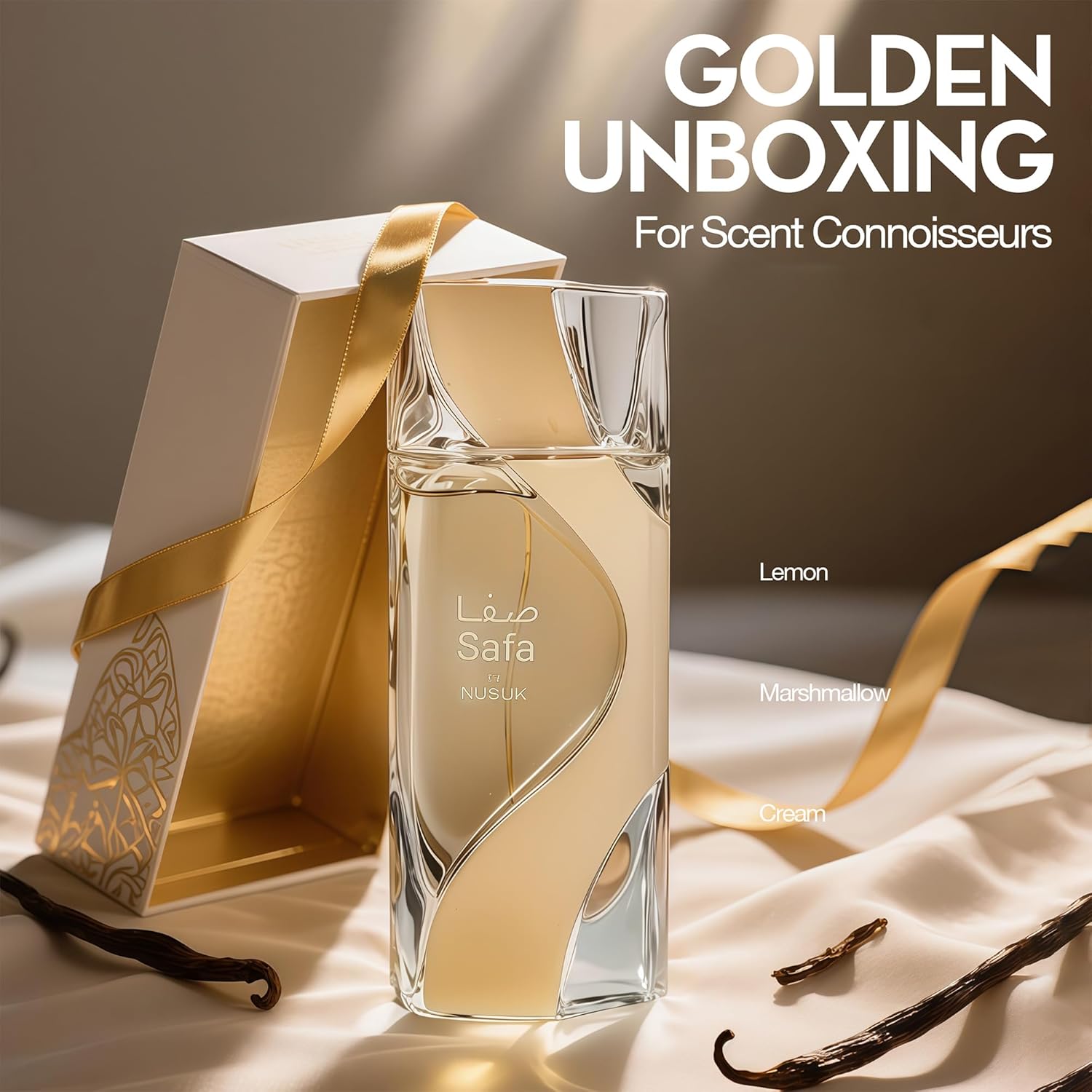 Nusuk Safa Eau de Parfum 100 ml bottle – warm spicy woody fragrance with amber, vanilla, oud, and musky base