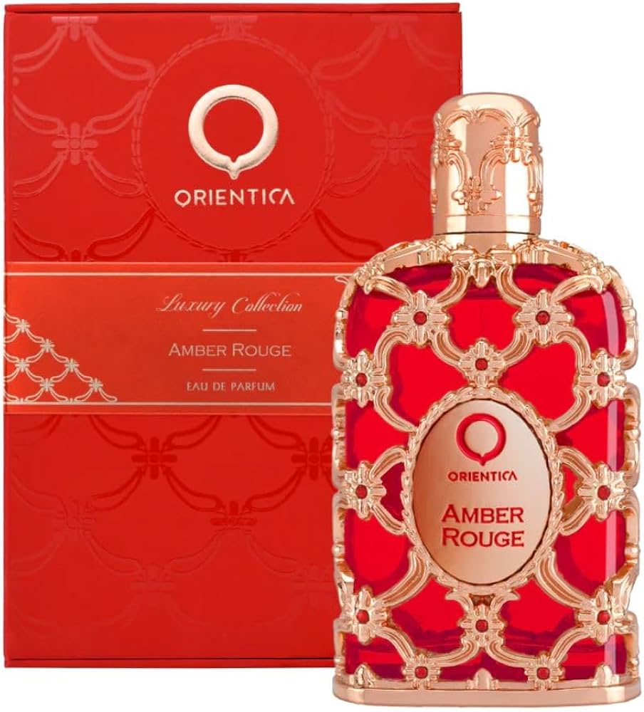Orientica Amber Rouge 80 ml (approx. 2.7 oz) bottle – spiced citrus floral amber perfume with silky woody musk base.