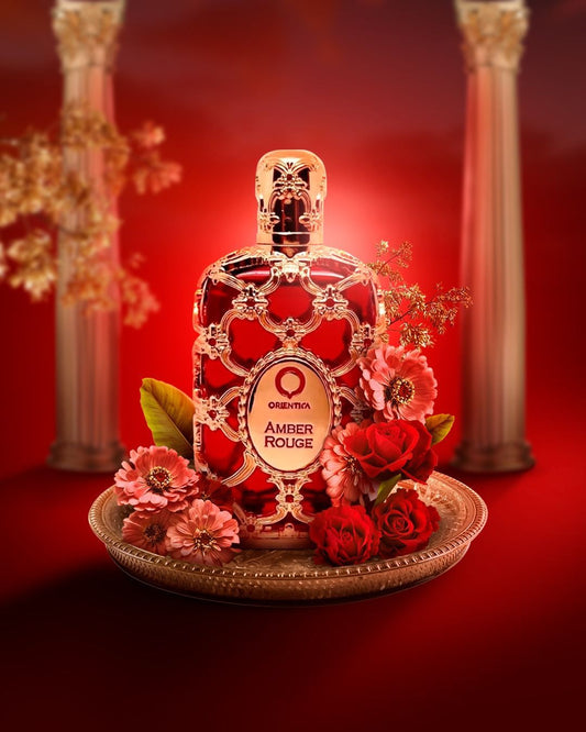 Orientica Amber Rouge 80 ml (approx. 2.7 oz) bottle – spiced citrus floral amber perfume with silky woody musk base.
