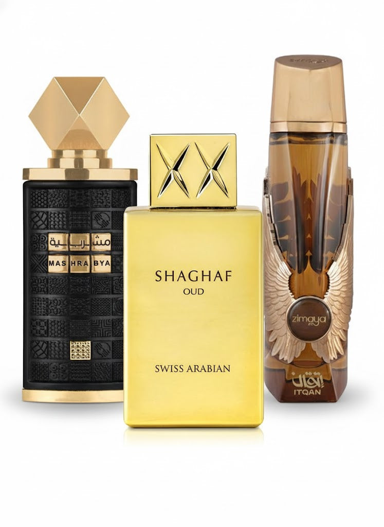 Oud Lovers Holiday Bundle – three full-size oud perfumes featuring Mashrabya, Shaghaf Oud, and Itqan Gold for a bold, luxurious fragrance experience.