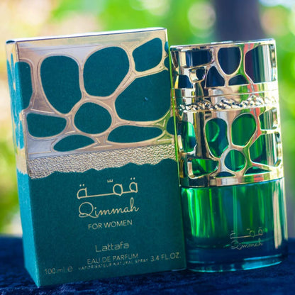 Lattafa Qimmah for Women Eau de Parfum 100 ml bottle – fruity floral vanilla fragrance with rose, jasmine, musk, and cedarwood base