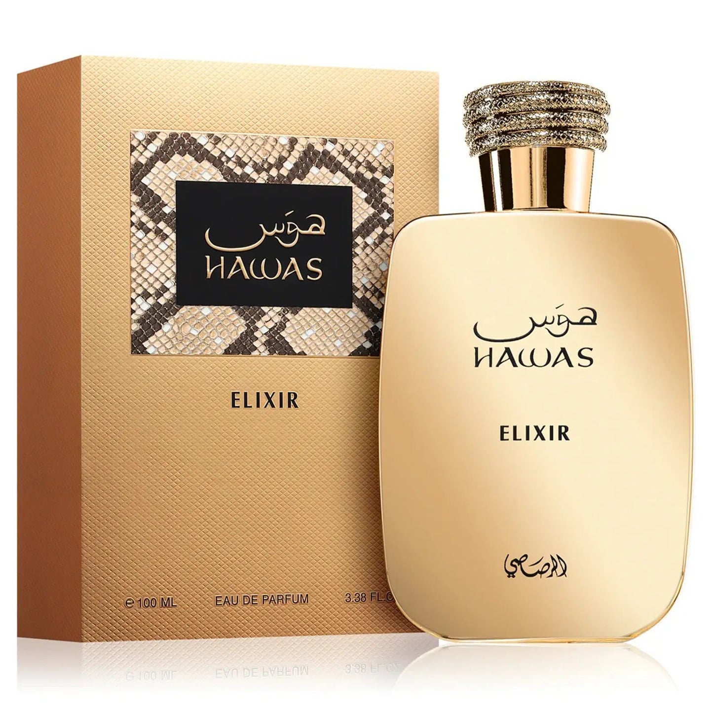 Rasasi Hawas Elixir 100 ml (3.4 oz) bottle – mint citrus opening over amber vanilla woody musk base.