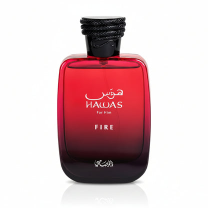 Rasasi Hawas Fire Eau de Parfum 100 ml bottle – sweet fruity fragrance with warm spices and amber woody musky base