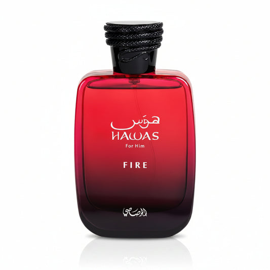 Rasasi Hawas Fire Eau de Parfum 100 ml bottle – sweet fruity fragrance with warm spices and amber woody musky base