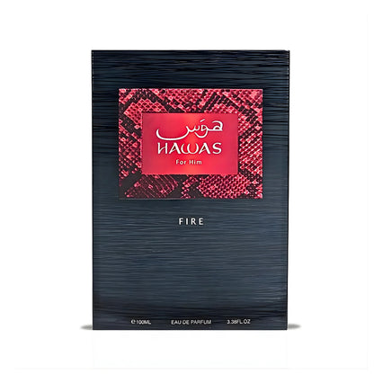 Rasasi Hawas Fire Eau de Parfum 100 ml bottle – sweet fruity fragrance with warm spices and amber woody musky base