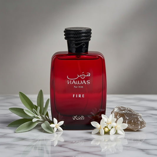 Rasasi Hawas Fire Eau de Parfum 100 ml bottle – sweet fruity fragrance with warm spices and amber woody musky base