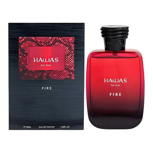 Rasasi Hawas Fire Eau de Parfum 100 ml bottle – sweet fruity fragrance with warm spices and amber woody musky base