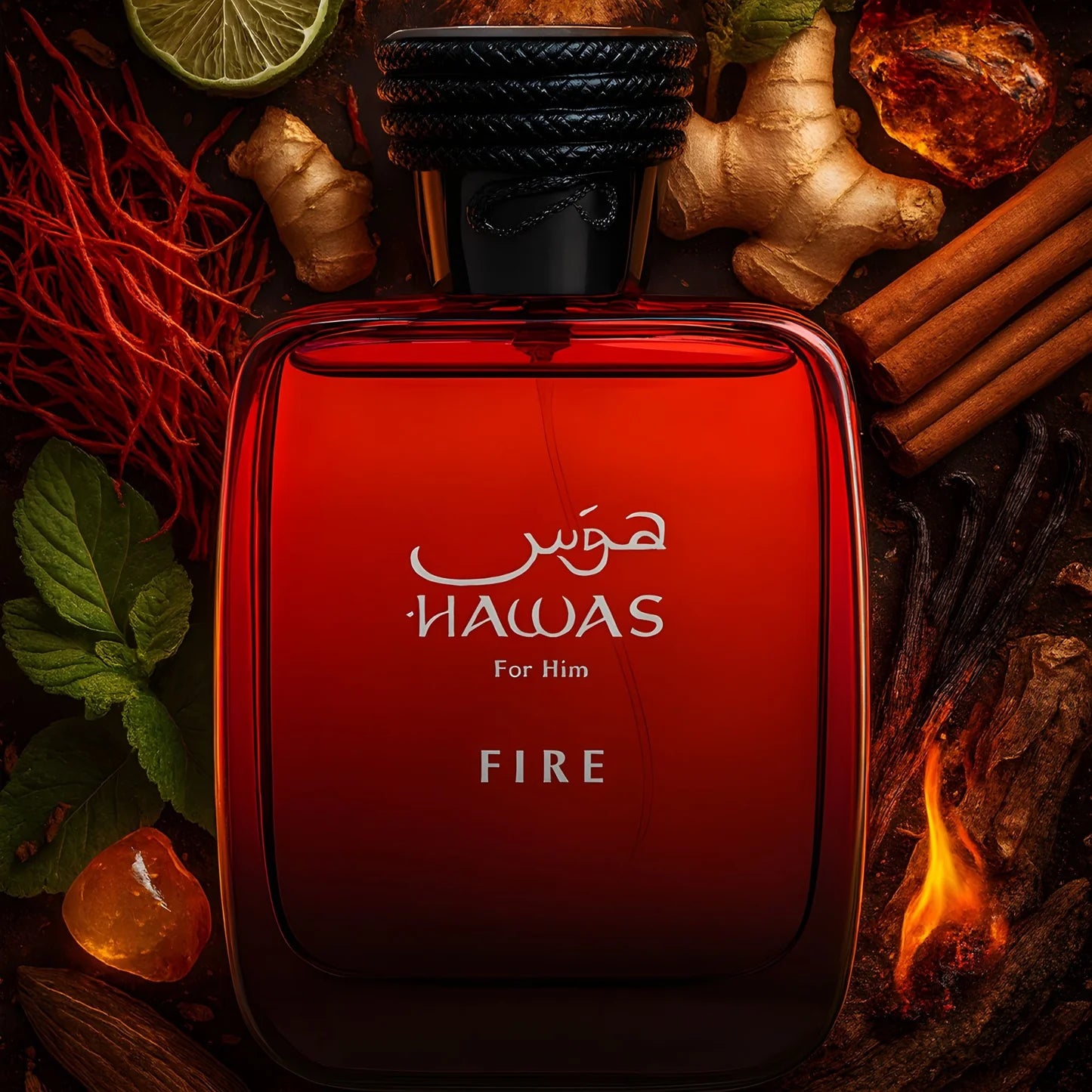 Rasasi Hawas Fire Eau de Parfum 100 ml bottle – sweet fruity fragrance with warm spices and amber woody musky base