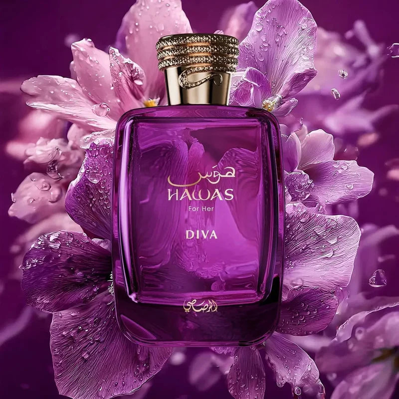 Rasasi Hawas for Her Diva 100 ml (3.4 oz) bottle – fresh berry floral opening over a clean amber woody musk base.