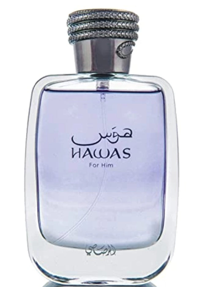 Rasasi Hawas for Him Eau de Parfum 100 ml bottle – fresh apple and citrus opening with aquatic heart and amber musk base.