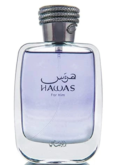 Rasasi Hawas for Him Eau de Parfum 100 ml bottle – fresh apple and citrus opening with aquatic heart and amber musk base.