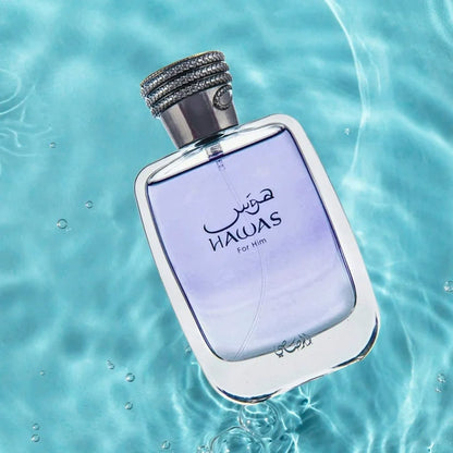 Rasasi Hawas for Him Eau de Parfum 100 ml bottle – fresh apple and citrus opening with aquatic heart and amber musk base.
