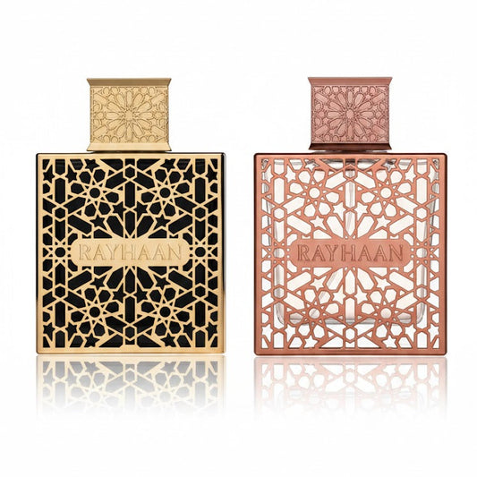 Rayhaan Elixir & Divine Bundle – two full-size Rayhaan perfumes with sweet amber and creamy warm profiles.v