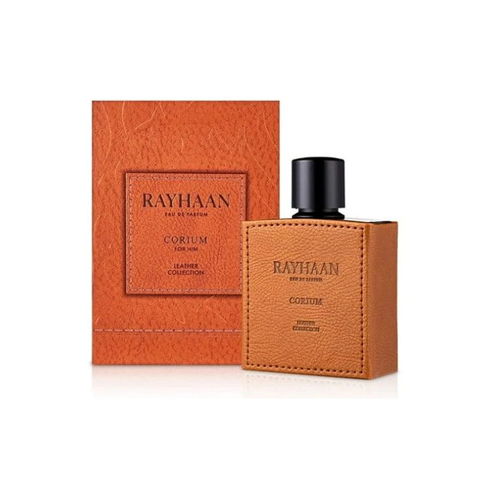 Rayhaan Corium Eau de Parfum 100 ml bottle – dark leather fragrance with woody amber musk base.
