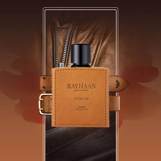 Rayhaan Corium Eau de Parfum 100 ml bottle – dark leather fragrance with woody amber musk base.