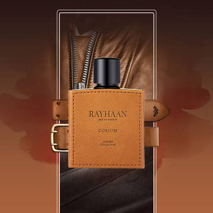 Rayhaan Corium Eau de Parfum 100 ml bottle – dark leather fragrance with woody amber musk base.