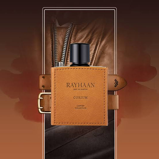 Rayhaan Corium Eau de Parfum 100 ml bottle – dark leather fragrance with woody amber musk base.