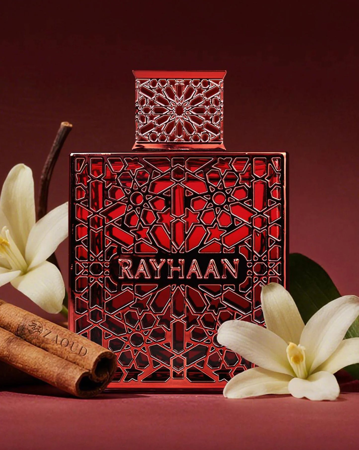 Rayhaan Crimson 100 ml bottle – spicy amber woody fragrance with deep musky base.
