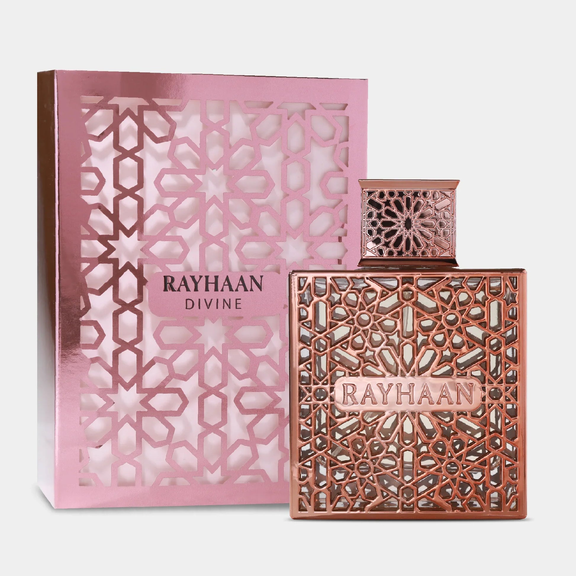 Rayhaan Divine Eau de Parfum 100 ml (3.4 oz) bottle – warm amber vanilla scent with smooth musky woody base.