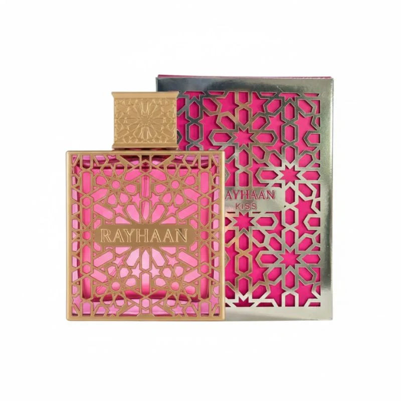 Rayhaan Kiss Eau de Parfum 100 ml bottle – sweet fruity floral fragrance with vanilla musk base.