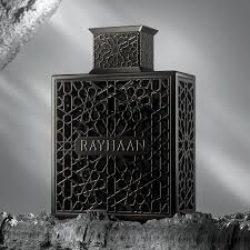 Rayhaan Men’s Obsidian Eau de Parfum 100 ml (3.4 oz) bottle – deep smoky mineral woody men’s scent with amber musk base.