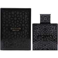Rayhaan Men’s Obsidian Eau de Parfum 100 ml (3.4 oz) bottle – deep smoky mineral woody men’s scent with amber musk base.