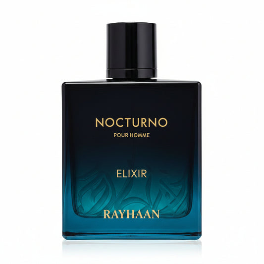 Rayhaan Nocturno Elixir Eau de Parfum 100 ml bottle – warm spicy woody fragrance with cardamom, incense, vanilla, amber, and musky patchouli base
